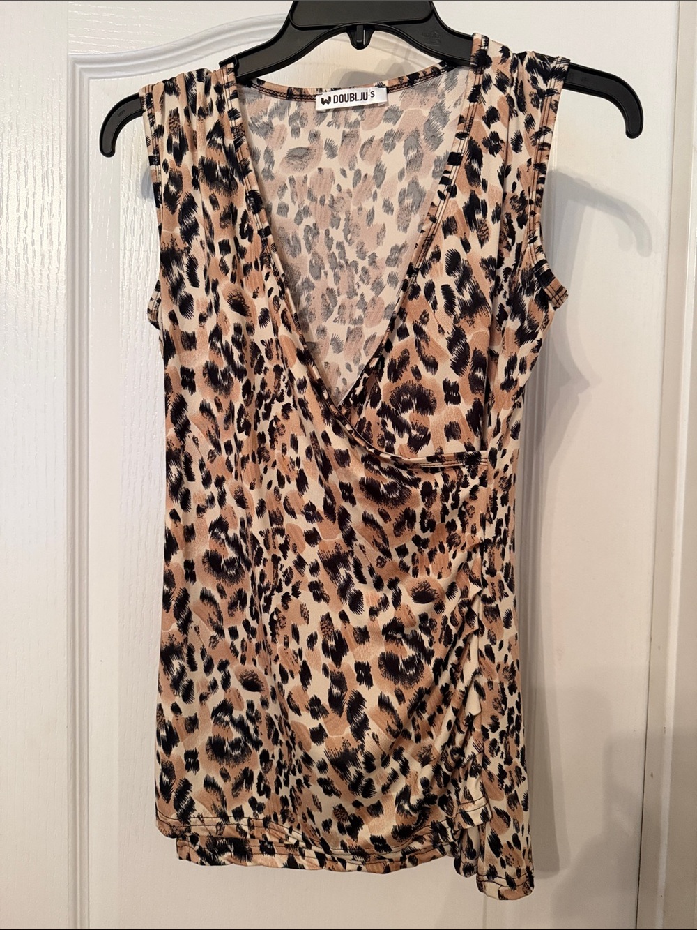 Doublju Leopard Print Sleeveless Wrap-Style Top in Tan and Black